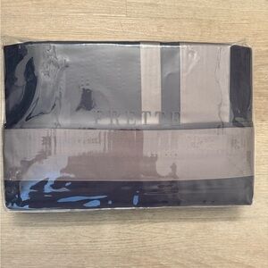 FRETTE SATEEN BANDS KING 4 PIECE SHEET SET MINERAL BLUE/WARM GREY $1,000 NWT